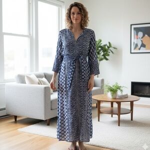 NWT Bell by Alicia Bell Sz S Silk Cotton Bohemian Belted Blue Printed Maxi Dress